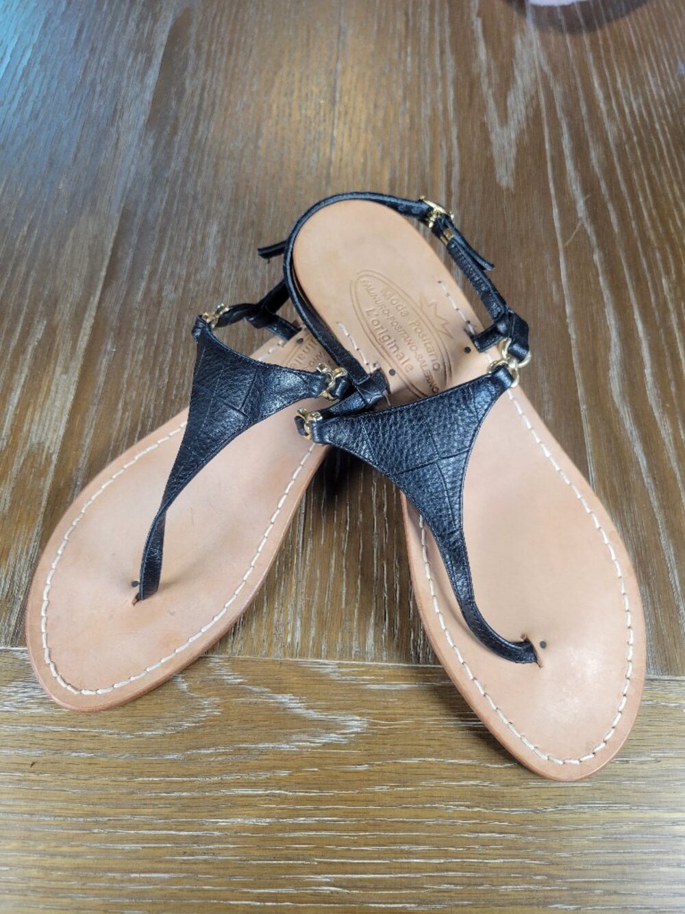 Moda Positano L'Originale Italy Black Leather T Strap Sandals Wood Heel ~ Sz 9
